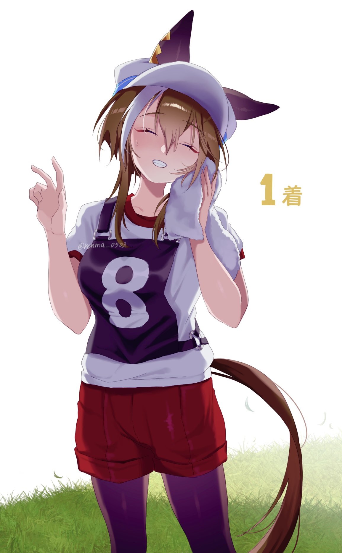 1girl animal_ears black_pantyhose breasts brown_hair cheval_grand_(umamusume) closed_eyes facing_viewer feet_out_of_frame grass grin hand_up hat highres holding holding_towel horse_ears horse_girl horse_tail light_blush long_hair multicolored_hair pantyhose race_bib red_shorts renma_(renma_0503) shirt short_sleeves shorts small_breasts smile solo standing streaked_hair sweat tail towel umamusume v white_headwear white_shirt wiping_sweat