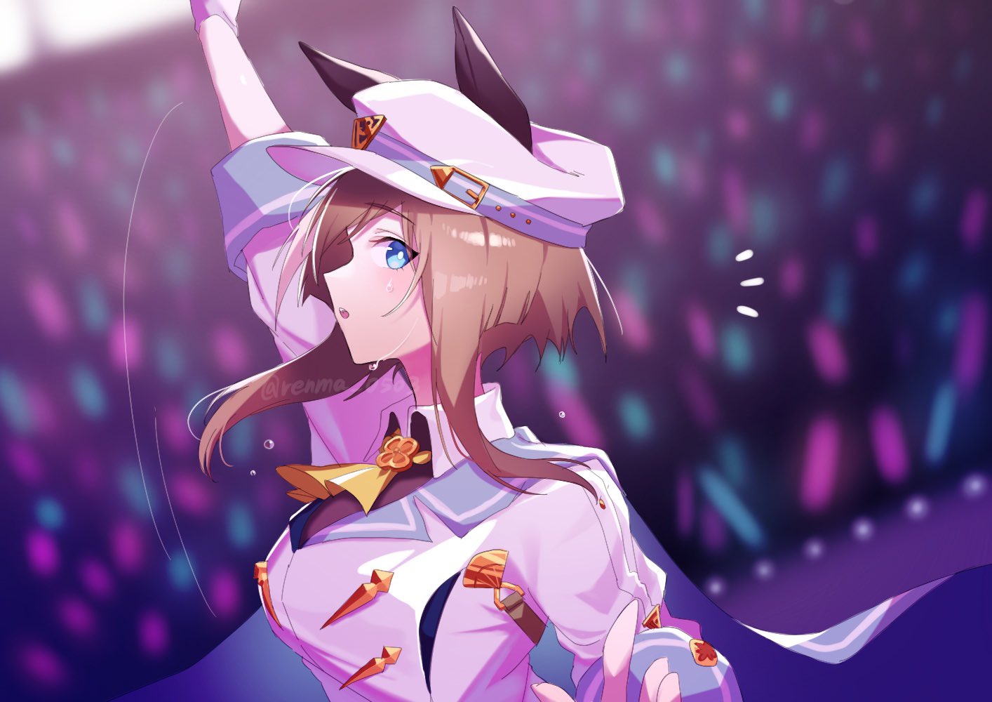 1girl animal_ears arm_up ascot blue_eyes blurry blurry_background breasts brown_hair cape cheval_grand_(umamusume) collared_shirt concert gloves hat hat_belt horse_ears jacket long_hair long_sleeves looking_at_viewer medium_breasts motion_lines multicolored_hair notice_lines open_mouth renma_(renma_0503) shirt sideways_glance sideways_mouth solo streaked_hair sweat twitter_username umamusume upper_body watermark white_gloves white_headwear white_jacket yellow_ascot