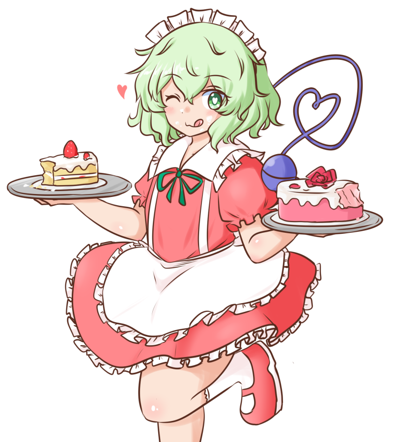 1girl alternate_costume apron bitten blush cake closed_mouth collared_shirt cowboy_shot food frilled_apron frilled_shirt_collar frilled_skirt frills fruit green_eyes green_hair green_ribbon hands_up heart heart-shaped_pupils holding holding_plate holding_tray komeiji_koishi leg_up looking_at_viewer maid maid_headdress messy_hair mizusoba neck_ribbon one_eye_closed open_mouth plate puffy_short_sleeves puffy_sleeves red_footwear red_shirt red_skirt ribbon shirt shoes short_hair short_sleeves simple_background skirt smile socks solo strap strawberry symbol-shaped_pupils third_eye tongue tongue_out touhou tray white_apron white_background white_socks