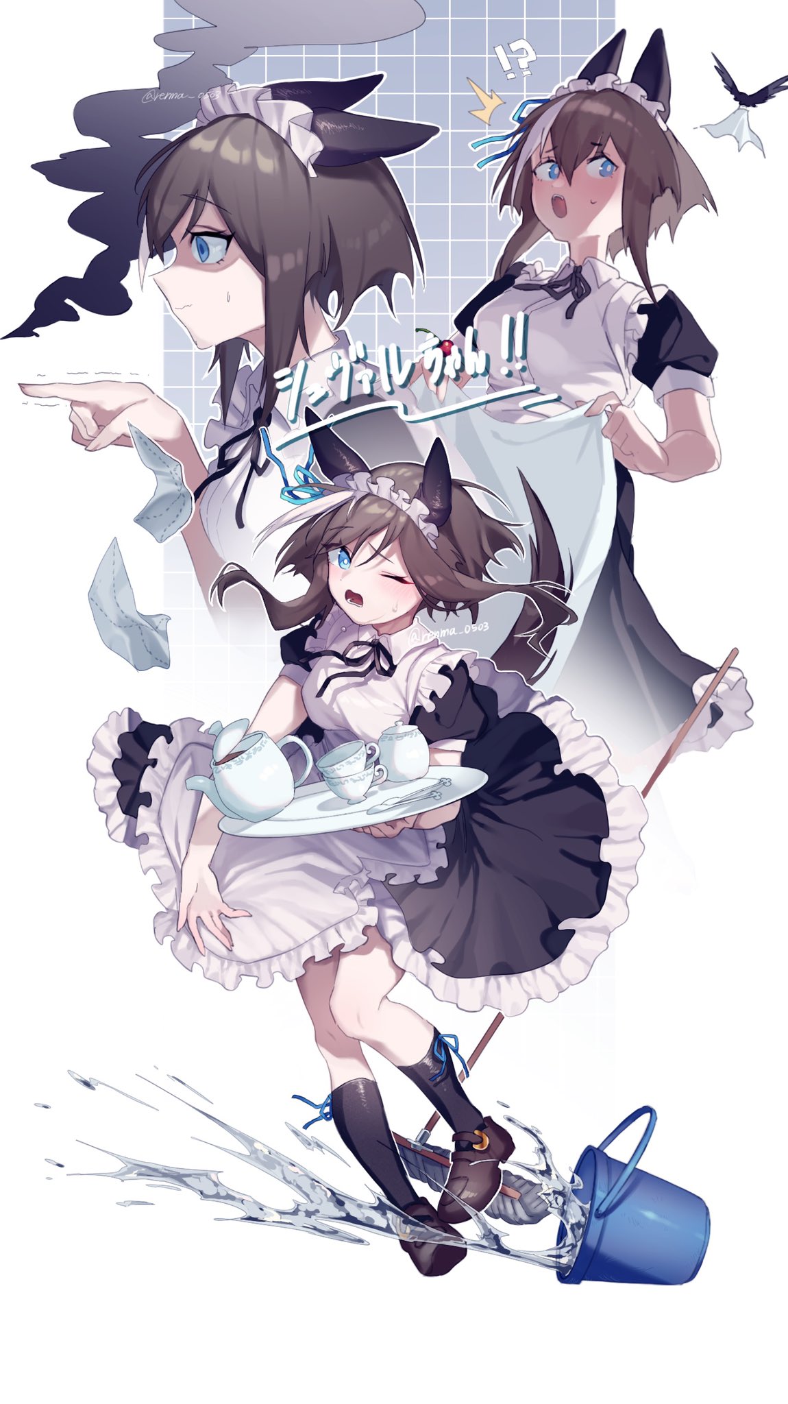 !? 1girl ^^^ alternate_costume animal_ears apron apron_hold bird black_dress black_socks breasts broom brown_footwear brown_hair bucket cheval_grand_(umamusume) cup dress ear_covers enmaided highres holding holding_tray horse_ears horse_girl horse_tail kneehighs loafers long_hair maid maid_apron multicolored_hair multiple_views neck_ribbon pointing renma_(renma_0503) ribbon shaded_face shoes short_sleeves small_breasts smoke socks spoon streaked_hair tail teacup tray trembling tripping twitter_username umamusume water watermark white_background