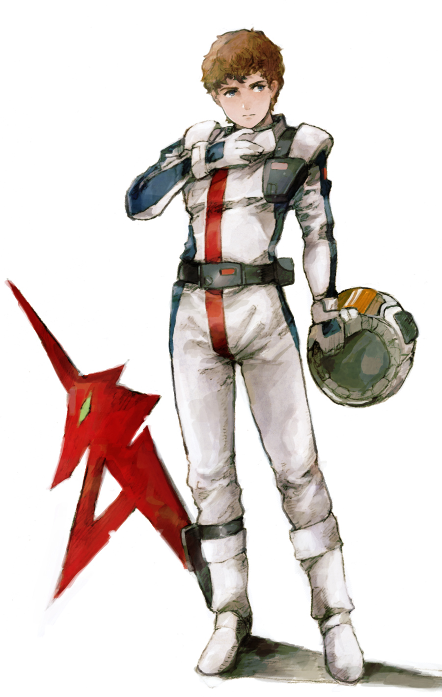1boy amuro_ray belt black_belt brown_hair char's_counterattack closed_mouth ex.rudo expressionless full_body gundam hand_on_own_chest headwear_removed helmet helmet_removed highres holding holding_helmet leg_holster logo male_focus normal_suit pilot_suit short_hair simple_background solo space_helmet spacesuit standing white_background