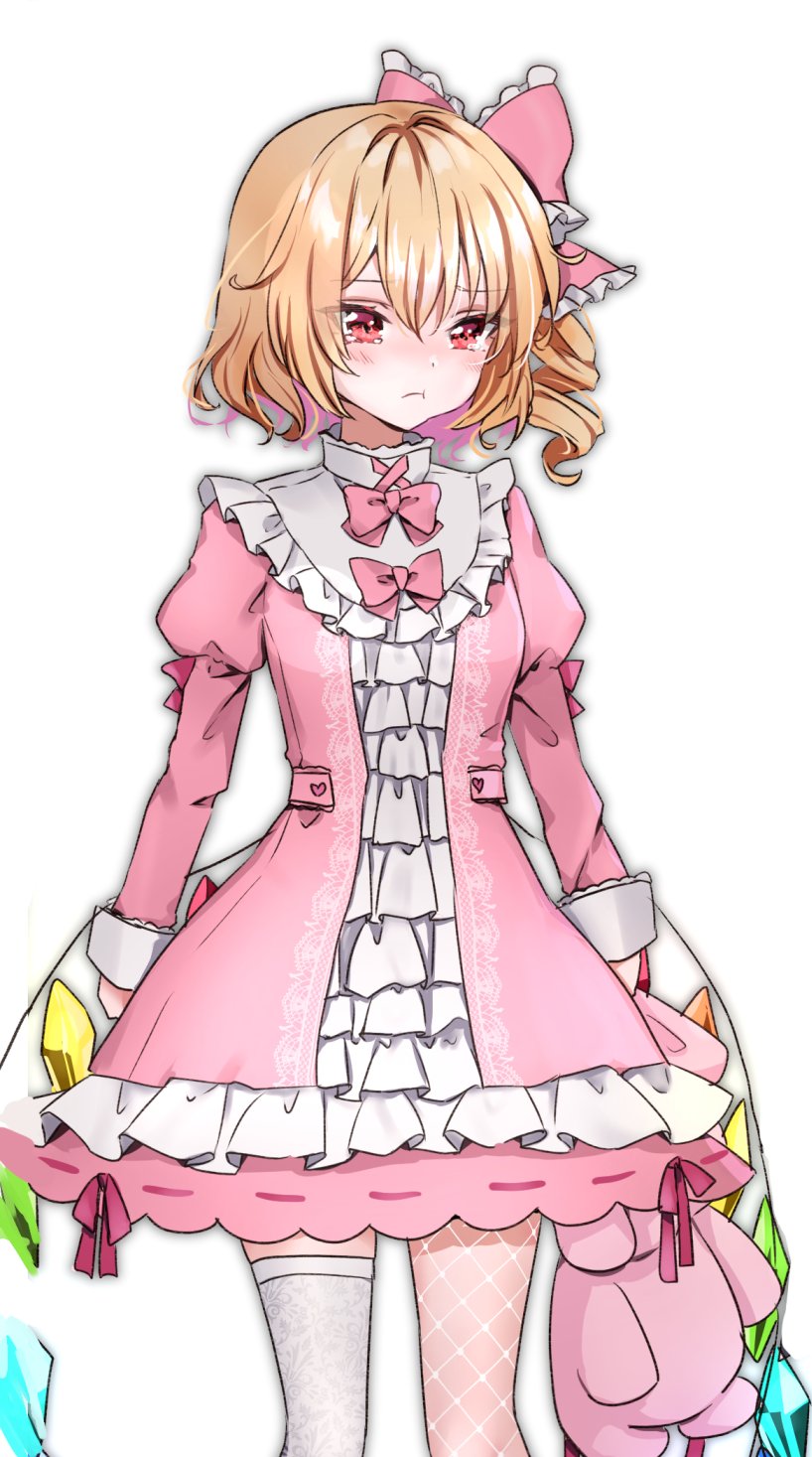 1girl alternate_costume alternate_hairstyle blonde_hair blush closed_mouth crystal dress feet_out_of_frame flandre_scarlet hair_between_eyes highres juliet_sleeves long_hair long_sleeves one_side_up pink_dress puffy_sleeves red_eyes shironeko_yuuki simple_background single_thighhigh solo tears thigh-highs touhou white_background white_thighhighs wings