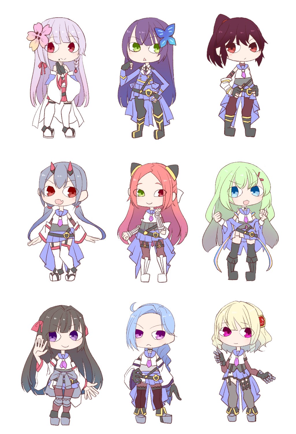 6+girls :&lt; :d ahoge ankle_boots arms_at_sides assault_lily bare_shoulders belt black_belt black_footwear black_gloves black_pantyhose black_thighhighs blonde_hair blue_eyes blue_hair blue_jacket blue_sailor_collar blue_skirt boots braid braided_ponytail brown_hair brown_pantyhose butterfly_hair_ornament chibi clenched_hands closed_mouth clothes_around_waist collared_shirt commentary crop_top detached_sleeves fang flower fujita_asagao funada_kiito funada_ui garter_straps gauntlets gem gem_hair_ornament gloves green_eyes green_hair grey_footwear grey_hair grey_shirt grey_thighhighs gumoyu hair_flower hair_ornament hair_ribbon hairclip hairpods hand_on_own_hip hand_up hands_on_own_hips hands_up heterochromia high_ponytail highres horns igusa_subaru imamura_yukari_(assault_lily) jacket japanese_clothes kawabata_hotaru kimono kimono_skirt knee_boots knee_pads kozue_west layered_sleeves light_blush long_hair long_sleeves looking_at_viewer low_ponytail low_twintails mechanical_horns miniskirt mole mole_under_mouth multiple_girls nagasawa_yuki_(assault_lily) neckerchief o-ring_strap odaiba_girls_high_school_uniform off_shoulder open_hand open_mouth own_hands_together palms_together pantyhose parted_bangs parted_lips partially_fingerless_gloves pink_eyes pink_flower pleated_skirt ponytail purple_hair purple_neckerchief red_eyes red_gemstone red_horns red_ribbon redhead ribbon sailor_collar school_uniform shiba_tomoshibi shirt short_kimono short_sleeves siblings side_braid simple_background single_braid sisters skin_fang skirt sleeveless sleeveless_shirt sleeves_past_wrists smile standing thigh-highs thigh_strap thighhighs_over_pantyhose triangle_mouth twintails undershirt v-shaped_eyebrows very_long_hair violet_eyes waist_cape white_background white_footwear white_kimono white_shirt white_thighhighs wide_sleeves zouri