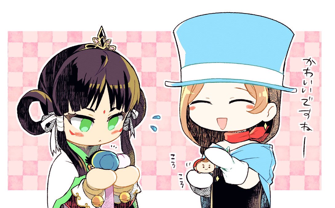 2girls :&lt; :d ace_attorney apollo_justice asayosi_k bell black_hair black_shirt blue_cape blue_headwear border bracelet brown_hair cape character_doll checkered_background chibi closed_eyes dhurke_sahdmadhi earrings facial_mark flying_sweatdrops forehead_mark gloves green_eyes hair_ribbon hair_rings hat jewelry jingle_bell long_hair long_sleeves looking_down low-tied_long_hair marking_on_cheek mochikororin multiple_girls nahyuta_sahdmadhi no_fingers no_nose outline outside_border patting pink_background rayfa_padma_khura'in red_scarf ribbon scarf shirt smile strapless strapless_shirt swept_bangs tiara top_hat trucy_wright upper_body white_border white_cape white_gloves white_outline white_ribbon