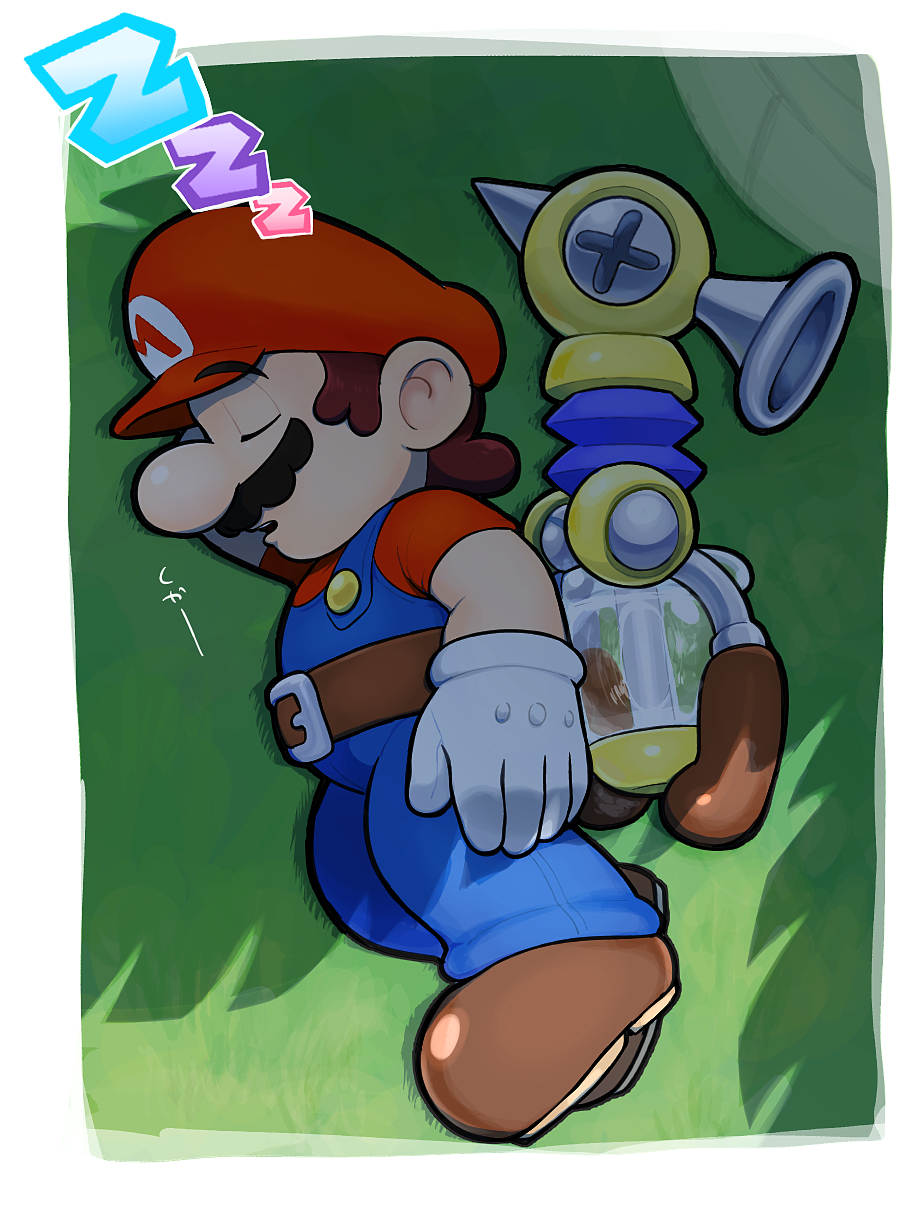 1boy belt blue_overalls brown_footwear f.l.u.d.d. facial_hair from_side full_body gloves hat highres hoshi_(star-name2000) mario mustache overalls red_headwear shade sleeping solo super_mario_bros. super_mario_sunshine