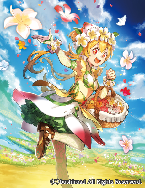 1girl :d arm_warmers basket blonde_hair brown_footwear cardfight!!_vanguard clouds copyright crop_top day double-parted_bangs flower flower_bracelet flower_skirt flower_wreath foot_out_of_frame from_behind gradient_clothes green_skirt hair_between_eyes head_scarf head_wreath high-waist_skirt holding holding_basket kaworu_(kaw_lov) layered_skirt long_hair looking_at_viewer looking_back low_ponytail midriff multicolored_clothes multicolored_skirt official_art pantyhose path patterned_clothing plumeria red_eyes red_flower reflection reflective_water sandals shirt short_sleeves skirt smile solo standing standing_on_one_leg teeth throwing upper_teeth_only white_flower white_shirt white_skirt yellow_flower yellow_pantyhose yellow_sleeves