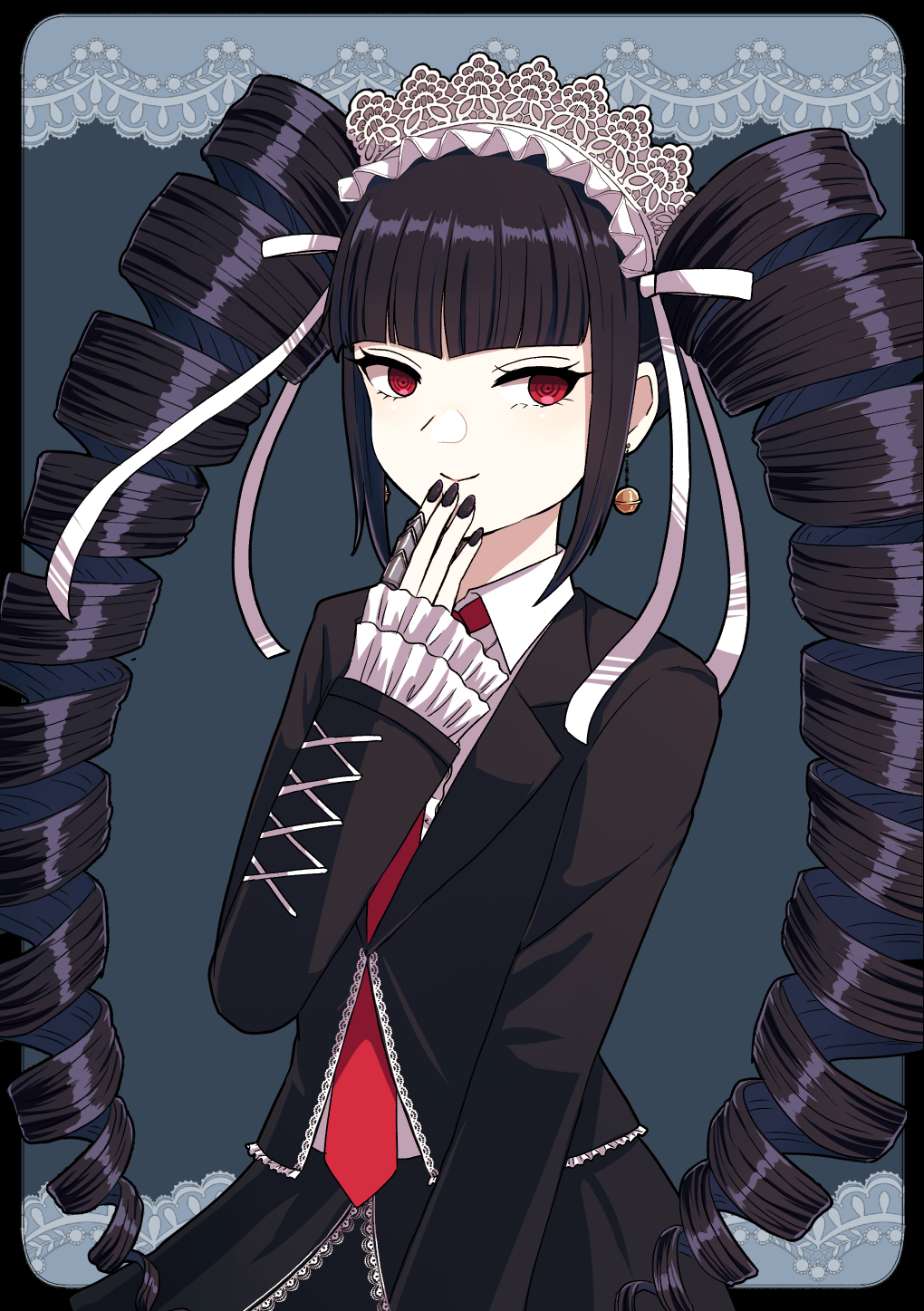 1girl black_border black_hair black_jacket black_nails blunt_bangs border cappuccino1 celestia_ludenberg claw_ring collared_shirt cowboy_shot danganronpa:_trigger_happy_havoc danganronpa_(series) drill_hair earrings gothic_lolita hand_up headdress highres jacket jewelry lace-trimmed_jacket lace-trimmed_skirt lace_trim lolita_fashion long_hair nail_polish necktie open_clothes open_jacket red_eyes red_necktie shirt skirt smile solo twin_drills twintails white_shirt