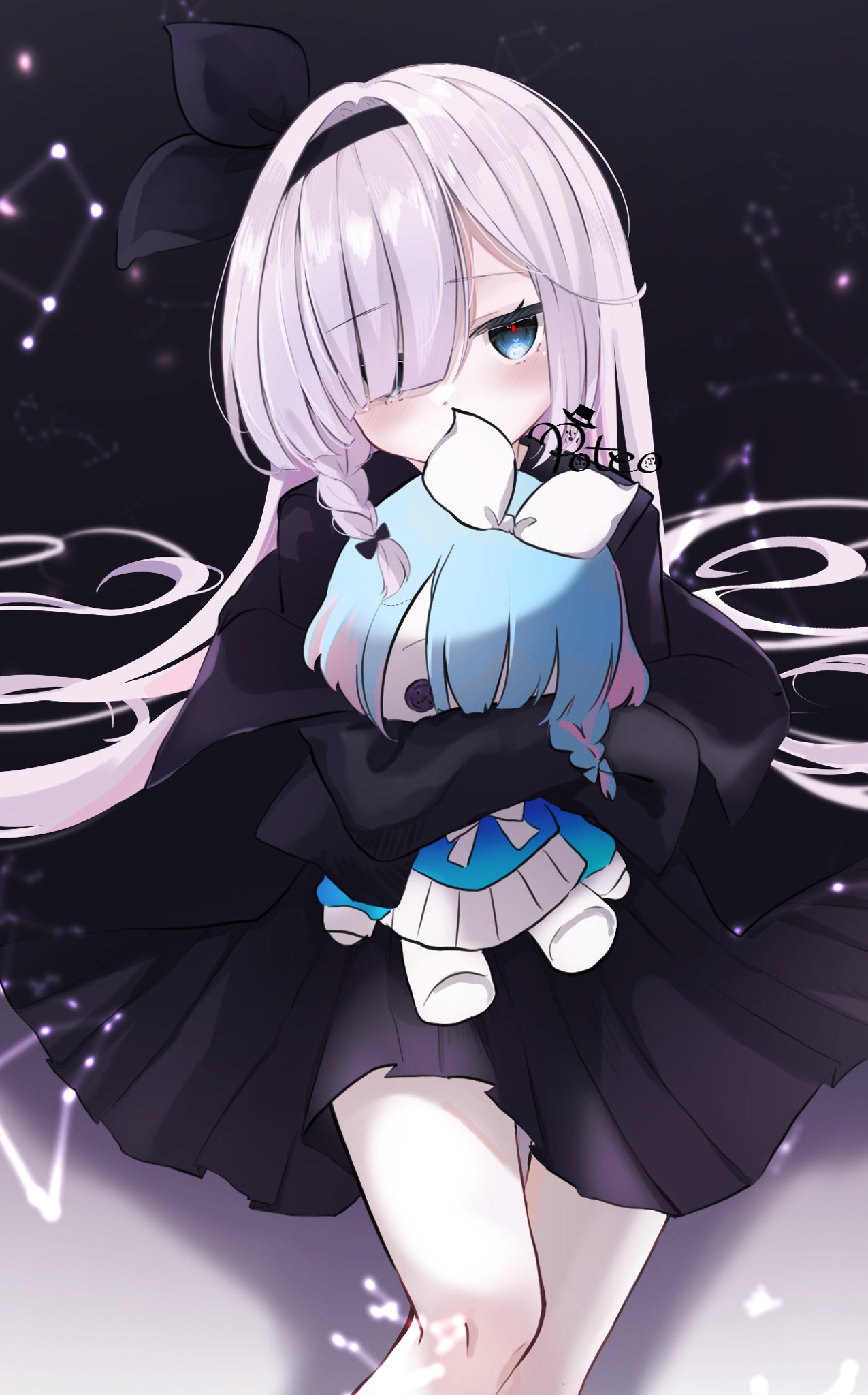 1girl black_dress black_hairband black_skirt blue_archive blue_eyes blush bow braid character_doll doll dress eyes_visible_through_hair feet_out_of_frame hair_bow hair_over_one_eye hair_ribbon hairband highres holding long_hair long_sleeves looking_at_viewer object_hug plana_(blue_archive) pleated_skirt poteo ribbon signature sitting skirt solo stuffed_toy symbol-shaped_pupils very_long_hair white_hair