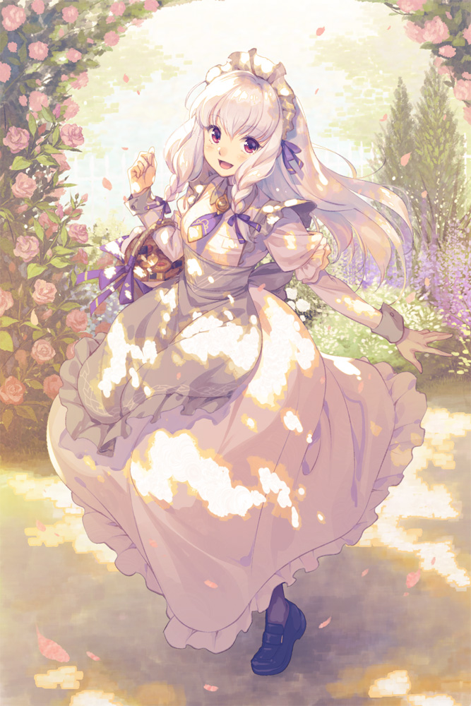1girl apron basket black_footwear blush commentary_request dress fire_emblem fire_emblem:_three_houses fire_emblem_heroes flower food grey_apron hair_between_eyes hair_ribbon holding holding_basket long_hair long_sleeves looking_at_viewer lysithea_von_ordelia lysithea_von_ordelia_(tea_party) maid_headdress nerikiri6 official_alternate_costume official_alternate_hairstyle open_mouth outdoors petals pink_flower pink_rose purple_ribbon red_eyes ribbon rose shadow shoes smile solo sunlight tree waist_apron white_dress white_hair