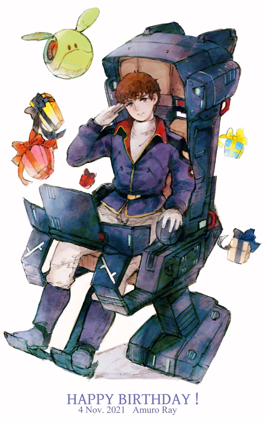 1boy amuro_ray belt black_belt blue_eyes blue_footwear blue_jacket boots box brown_hair char's_counterattack character_name closed_mouth cockpit dated ex.rudo full_body gift gift_box gloves gundam happy_birthday haro highres jacket long_sleeves looking_at_viewer male_focus military_uniform pants pilot_chair salute science_fiction shirt short_hair simple_background sitting smile solo turtleneck uniform white_background white_gloves white_pants white_shirt