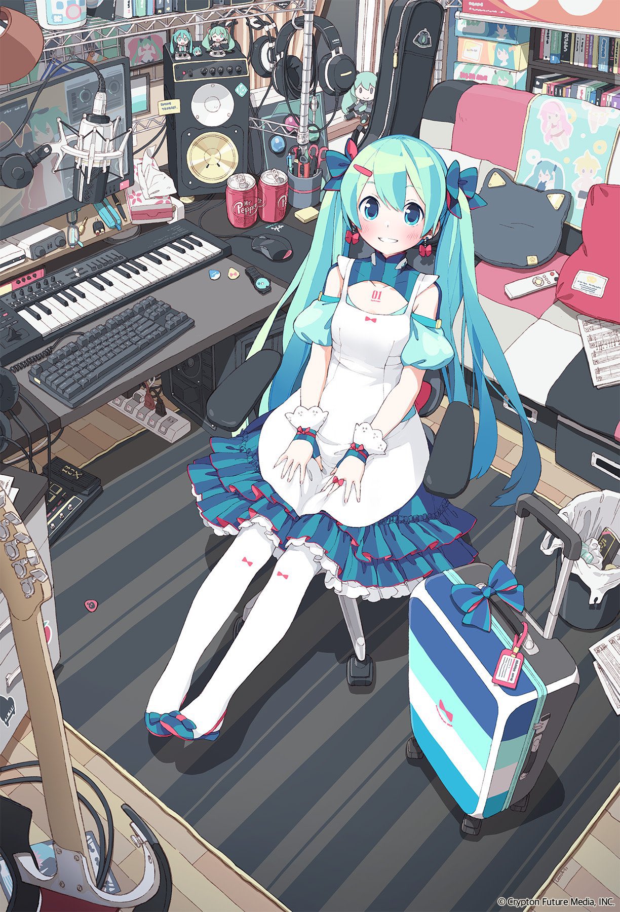 1girl apron aqua_eyes arm_garter artist_name blue_dress blue_eyes blush book bookshelf bow brand_name_imitation breasts cable can chair character_doll company_name computer controller copyright_name couch dr_pepper dress earrings eyewear_removed full_body glasses gloves grin guitar guitar_case hair_bow hair_ornament hairclip hatsune_miku headphones highres indoors instrument instrument_case jewelry keyboard_(computer) keyboard_(instrument) layered_dress lena_(zoal) long_hair looking_at_viewer microphone monitor mouse_(computer) mousepad_(object) office_chair official_art open_mouth pantyhose paper pen pencil_case pillow plectrum power_strip remote_control rolling_suitcase rug sheet_music shoes sitting sleeveless sleeveless_dress small_breasts smile solo speaker sticky_note studio_microphone suitcase swivel_chair table tissue_box trash_can twintails vocaloid watch watch white_apron white_gloves white_pantyhose