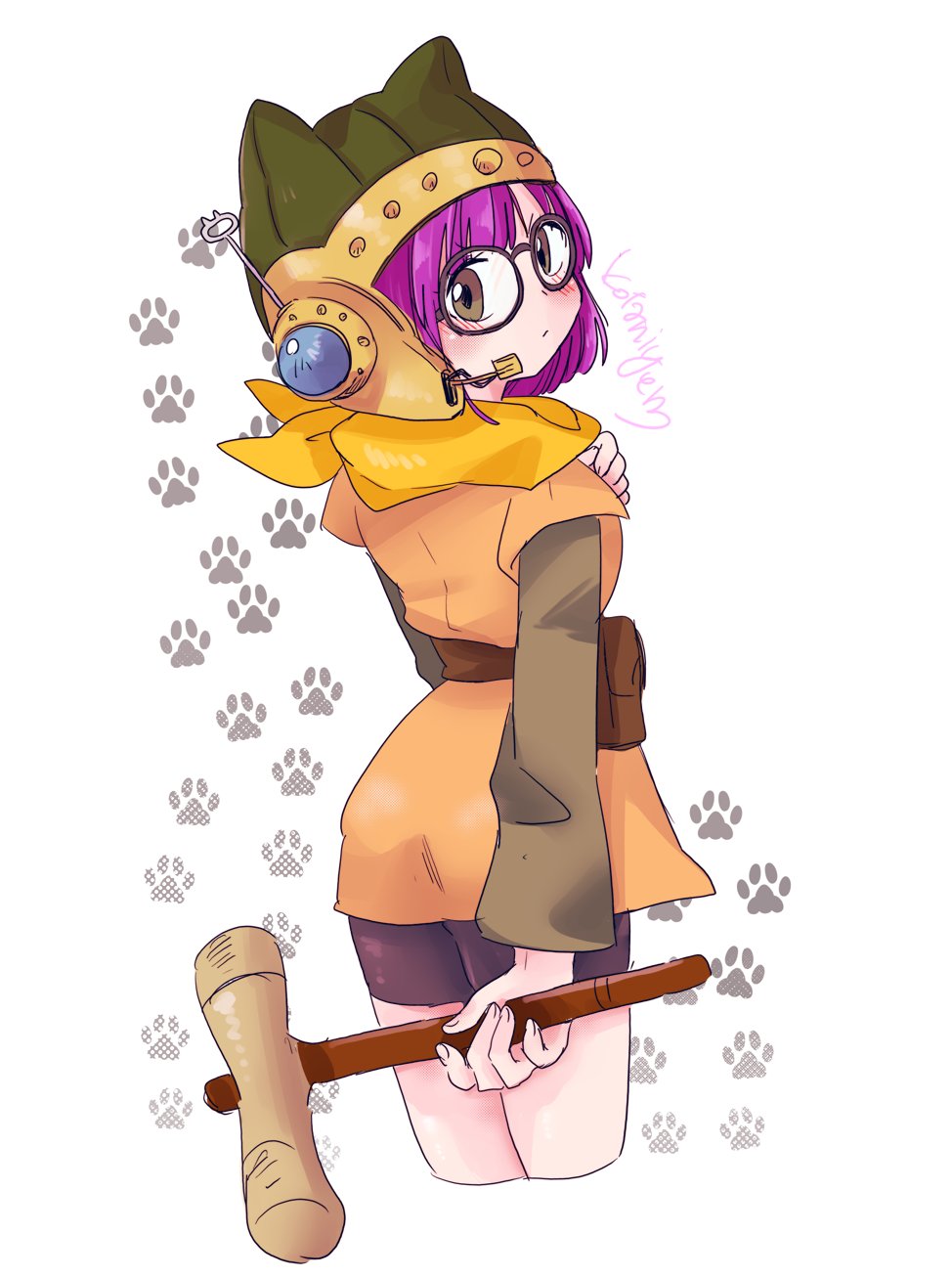 1girl belt bike_shorts blush brown_eyes chrono_trigger closed_mouth glasses helmet highres holding holding_mallet kotaniyen looking_at_viewer lucca_ashtear mallet paw_print paw_print_background purple_hair scarf short_hair simple_background skirt solo weapon white_background