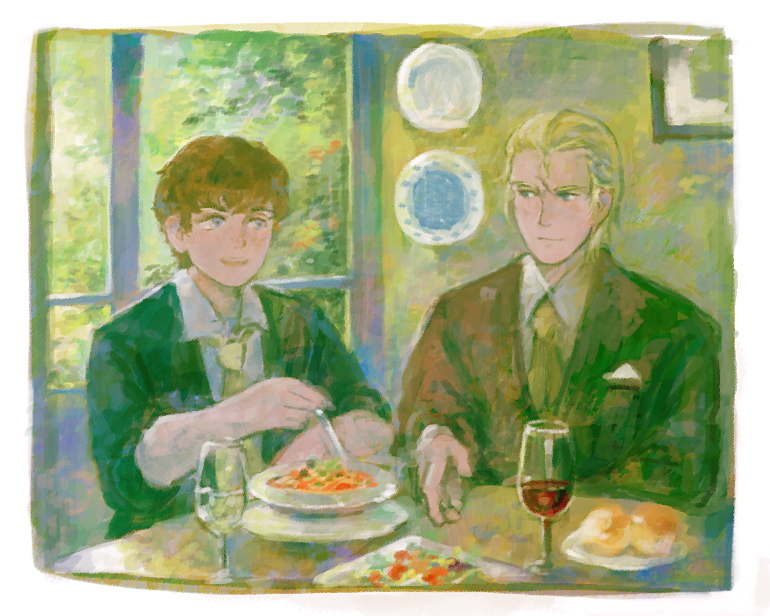 2boys alcohol amuro_ray black_jacket blonde_hair blue_eyes border bread bread_bun brown_hair char's_counterattack char_aznable collared_shirt cup drinking_glass ex.rudo faux_traditional_media food gundam hair_slicked_back handkerchief indoors jacket long_sleeves looking_at_another male_focus multiple_boys necktie open_clothes open_jacket painterly painting_(object) plate red_jacket shirt short_hair sitting sleeves_rolled_up smile suit table upper_body white_border white_shirt window wine wine_glass yellow_necktie