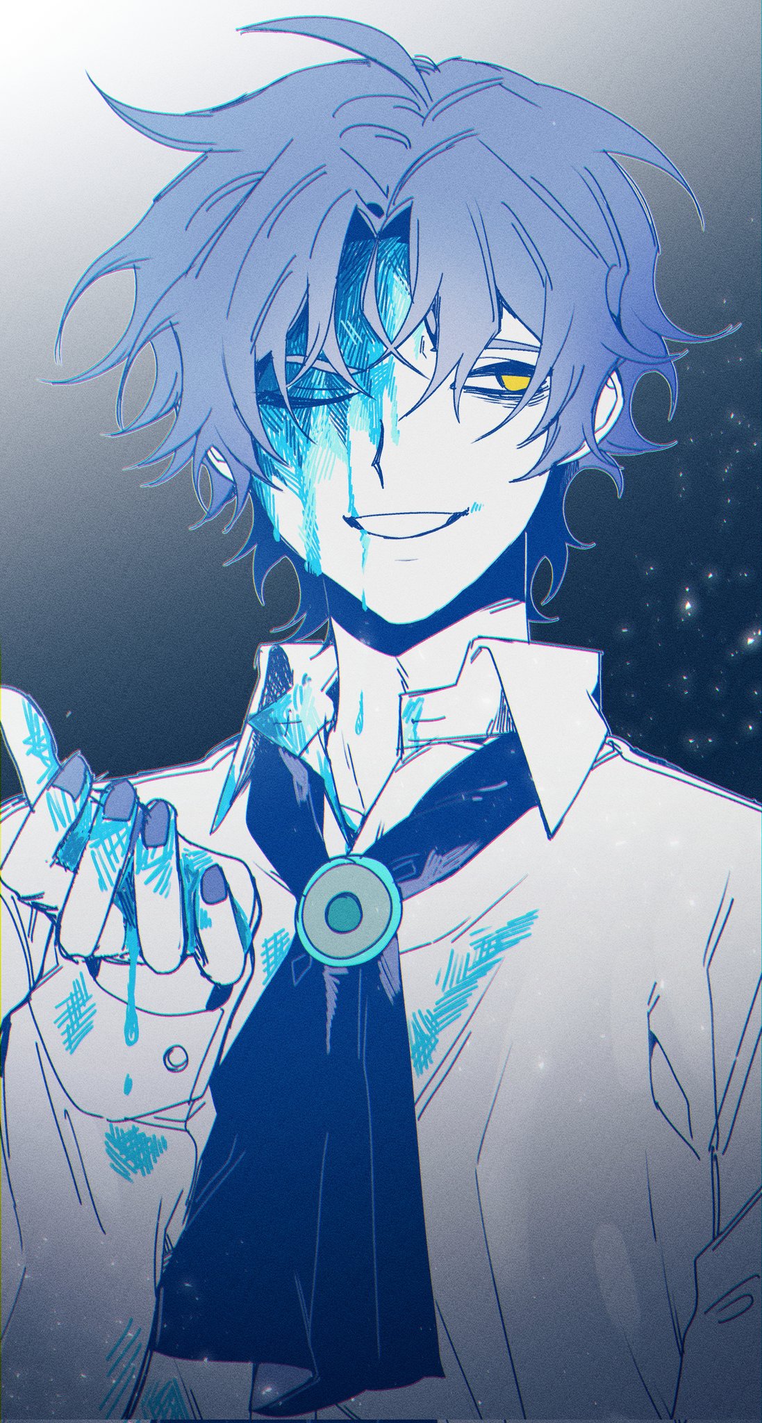 1boy 3cnfw ascot bags_under_eyes blood blue_ascot blue_blood blue_hair blue_nails blue_theme chesed_(project_moon) collared_shirt highres lobotomy_corporation long_sleeves looking_to_the_side one_eye_closed parted_bangs parted_lips project_moon shirt smile solo upper_body white_shirt yellow_eyes