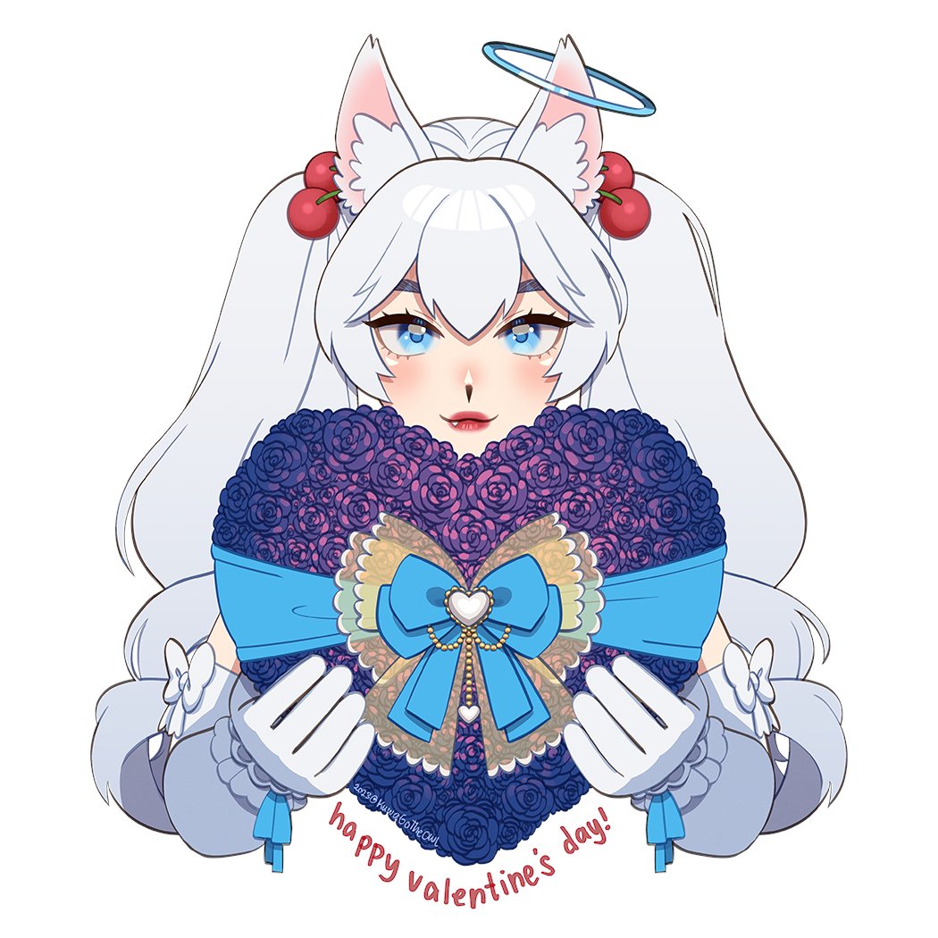 1girl 2023 animal_ear_fluff animal_ears blue_bow blue_eyes blue_ribbon bow cherry_hair_ornament elbow_gloves fang flower food-themed_hair_ornament fox_ears fox_girl gloves hair_ornament halo happy_valentine heart indie_virtual_youtuber kirsche_verstahl kuwagotheowl purple_flower purple_rose red_lips ribbon rose second-party_source twintails twitter_username white_bow white_gloves