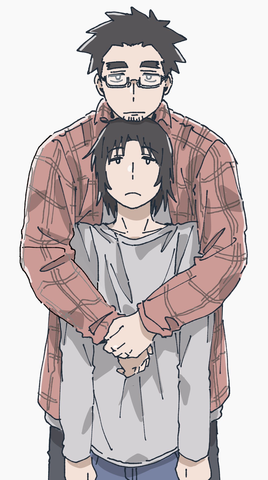 2boys arms_at_sides black_eyes black_hair blue_pants closed_mouth collared_shirt glasses grey_shirt head_on_head head_rest highres hug hug_from_behind jumbo long_sleeves looking_at_another looking_at_viewer looking_up male_focus marutei2 mr._koiwai multiple_boys own_hands_together pants plaid plaid_shirt red_shirt shirt short_hair simple_background standing thick_eyebrows yotsubato!
