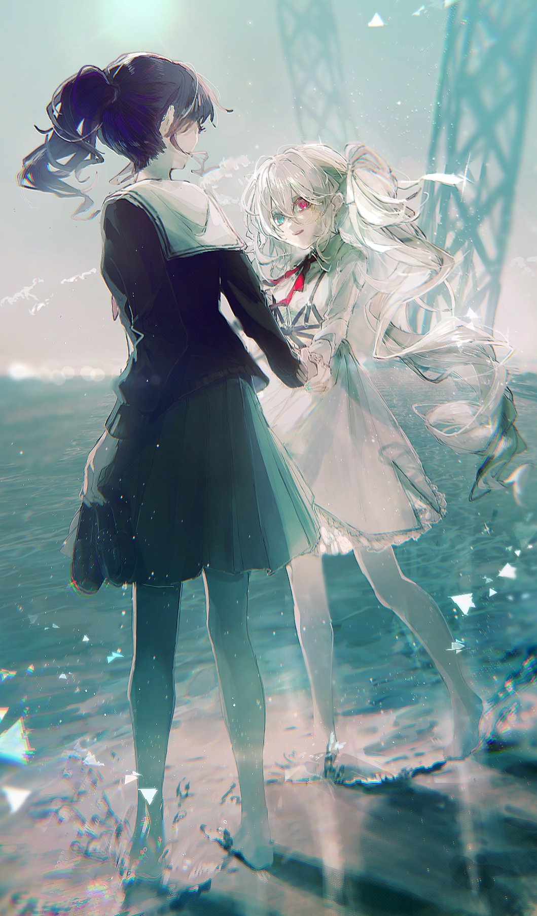 25-ji_miku 2girls aqua_eyes asahina_mafuyu barefoot beach black_sweater bloom chest_harness commentary curly_hair dress frilled_dress frills glint grey_skirt hair_between_eyes harness hatsune_miku highres holding holding_hands holding_shoes light_particles loafers looking_at_another mochigome_23 multiple_girls neck_ribbon neckerchief ocean pink_eyes pleated_skirt ponytail project_sekai purple_hair red_neckerchief red_ribbon ribbon ripples shoes shoes_removed skirt smile splashing standing sweater swept_bangs truss twintails vocaloid waves white_dress