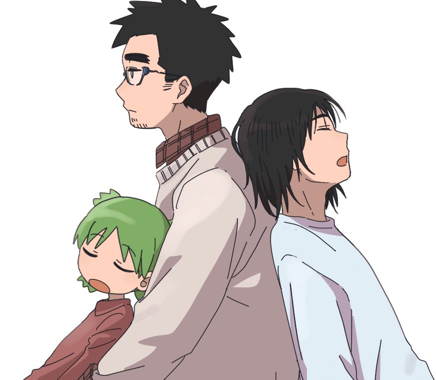 1girl 2boys back-to-back black_eyes black_hair closed_eyes collared_shirt commentary_request facial_hair father_and_daughter from_side glasses green_hair jumbo koiwai_yotsuba leaning_on_person long_sleeves marutei2 mr._koiwai multiple_boys open_mouth profile quad_tails red_shirt shirt short_hair simple_background sleeping stubble sweater upper_body white_background white_shirt white_sweater yotsubato!