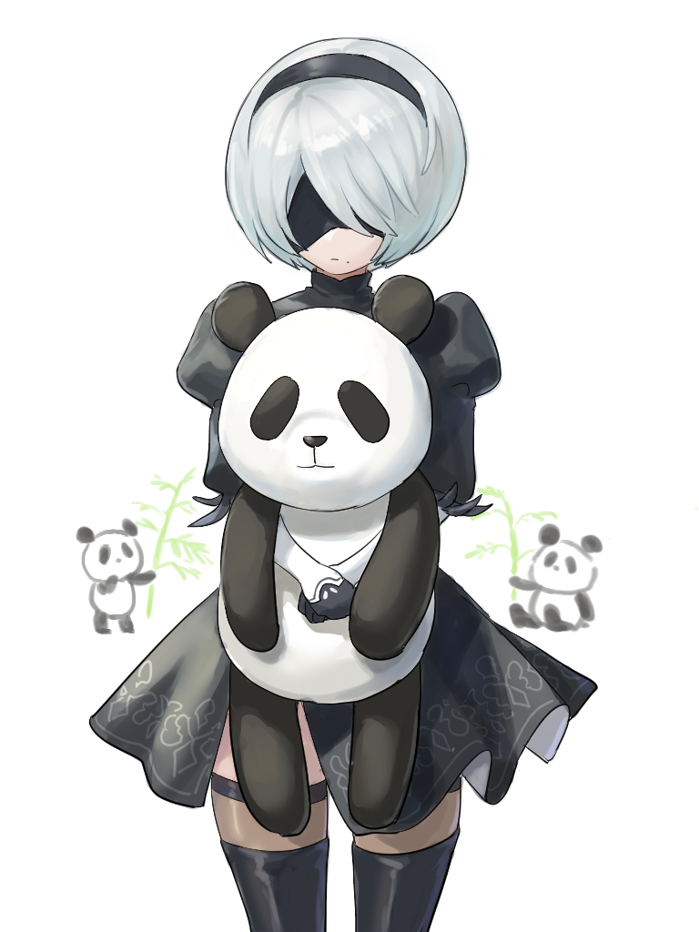 1girl 2b_(nier:automata) arinsu_(kodamamaimai) black_blindfold black_dress black_hairband black_thighhighs blindfold boots breasts covered_eyes dress feather-trimmed_sleeves feather_trim gloves hairband holding holding_stuffed_toy juliet_sleeves long_sleeves mole mole_under_mouth nier:automata nier_(series) panda puffy_sleeves short_hair solo stuffed_animal stuffed_panda stuffed_toy thigh-highs thighhighs_under_boots white_hair