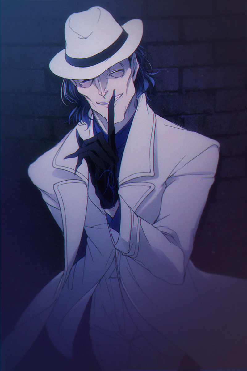 1boy 2gno082 alternate_costume black_hair coat evil_smile fate/grand_order fate_(series) fedora feet_out_of_frame finger_to_mouth gilles_de_rais_(caster)_(fate) hat highres large_hands male_focus phantom_thief short_hair shushing smile solo