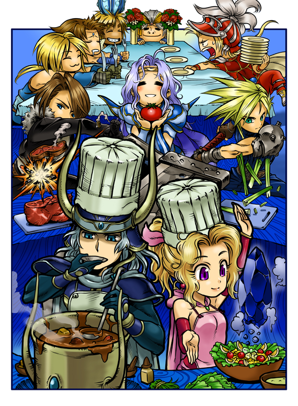 1girl 6+boys :3 armor bare_shoulders bartz_klauser belt black_hair black_jacket blitzball blonde_hair blue_eyes blush brown_hair buster_sword cape cecil_harvey celery chef_hat circlet closed_eyes cloud_strife cooking dark-skinned_male dark_skin detached_sleeves dining_room dissidia_final_fantasy dress drooling everyone final_fantasy final_fantasy_i final_fantasy_ii final_fantasy_iii final_fantasy_iv final_fantasy_ix final_fantasy_v final_fantasy_vi final_fantasy_vii final_fantasy_viii final_fantasy_x firion flower food fork gloves hair_ribbon hat helmet holding holding_food holding_fork holding_knife holding_plate holding_vegetable horns jacket knife long_hair meat mimonel mouth_drool multiple_boys onion_knight open_mouth plate ponytail ribbon rose scar shirt short_hair shoulder_armor sleeveless sleeveless_turtleneck smile spiky_hair squall_leonhart sweatdrop sword terra_branford thick_eyebrows tidus tomato turtleneck vegetable violet_eyes warrior_of_light_(ff1) weapon white_hair white_shirt zidane_tribal