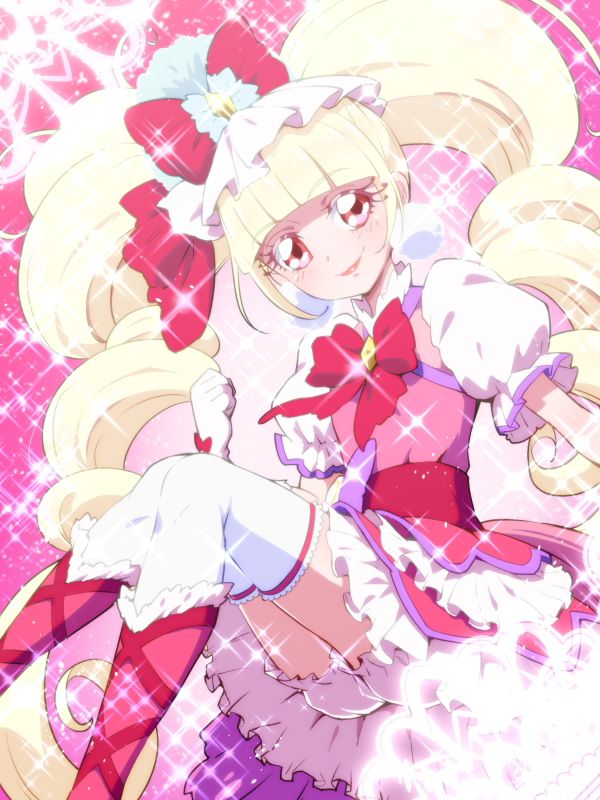 1girl aisaki_emiru blonde_hair boots bow bowtie cure_macherie curly_hair dress frilled_dress frills gloves hugtto!_precure long_hair looking_at_viewer magical_girl precure red_eyes smile solo sparkle thigh-highs tj-type1 twintails white_gloves white_thighhighs