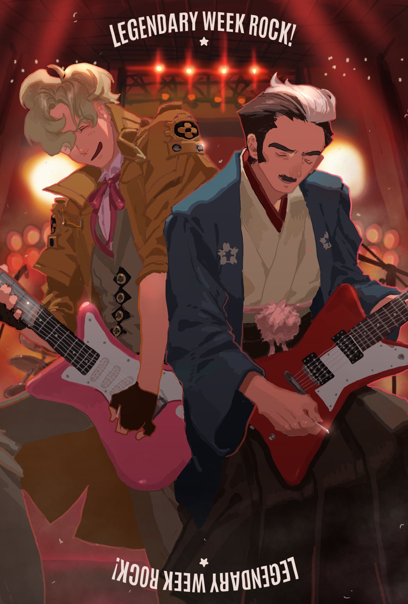 2boys ace_attorney black_hair blonde_hair blue_jacket brown_coat closed_eyes coat collared_shirt commentary_request electric_guitar english_text facial_hair fingerless_gloves gloves grey_pants grey_vest guitar hakama herlock_sholmes highres holding holding_guitar holding_instrument holding_plectrum instrument jacket japanese_clothes kimono long_sleeves male_focus mature_male multicolored_hair multiple_boys music mustache neck_ribbon open_mouth pants pink_ribbon pink_shirt playing_guitar playing_instrument plectrum ribbon shirt short_hair smile stage_lights standing the_great_ace_attorney threeenine two-tone_hair vest white_hair white_kimono yujin_mikotoba
