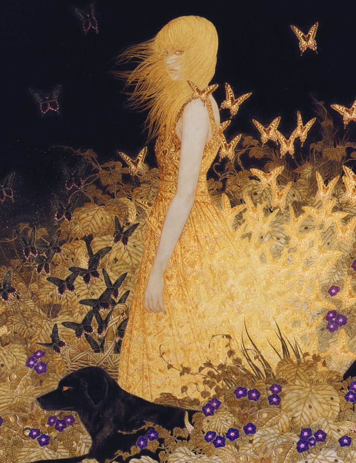1girl black_background black_butterfly black_dog blonde_hair bug butterfly dress expressionless flower full_body grass highres leaf long_hair looking_at_viewer masaakisasamoto morning_glory original plant print_dress purple_flower sleeveless sleeveless_dress solo standing vines yellow_butterfly yellow_dress yellow_theme