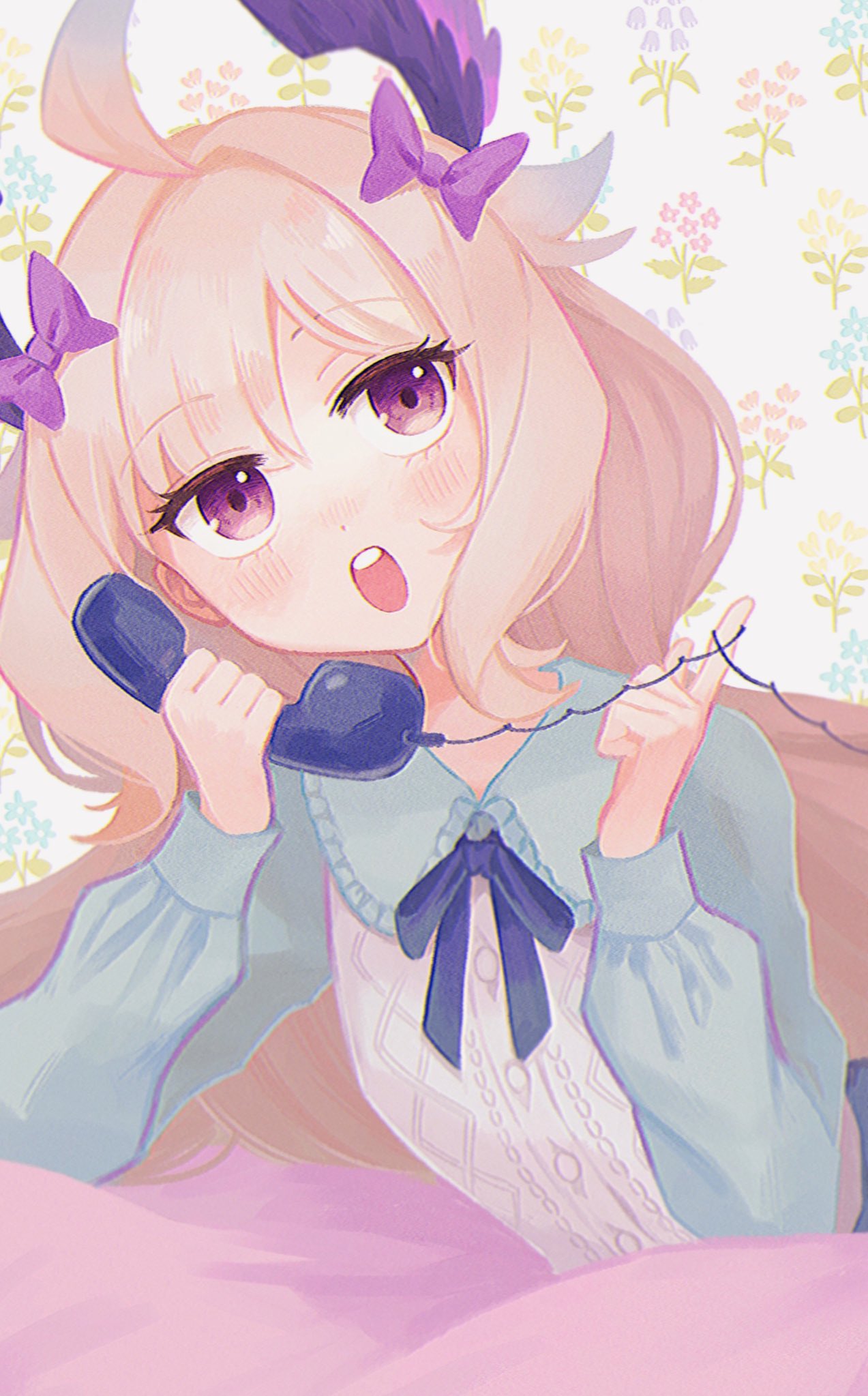 1girl ahoge blonde_hair blue_shirt bow collared_shirt enna_alouette hair_bow head_wings highres low_twintails nijisanji nijisanji_en official_alternate_costume open_mouth phone purple_bow shirt solo sweater_vest twintails violet_eyes virtual_youtuber white_sweater_vest wings yacho_(sekitsui04260)