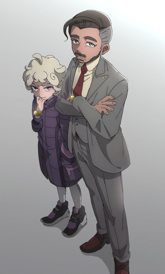 2boys bede_(pokemon) black_footwear black_hair blonde_hair business_suit closed_mouth coat collared_shirt commentary_request crossed_arms curly_hair earrings facial_hair grey_background grey_eyes grey_jacket grey_pants grey_vest hand_to_own_mouth hand_up jacket jewelry long_sleeves looking_at_viewer male_focus marutei2 multiple_boys mustache necktie pants pokemon pokemon_(game) pokemon_swsh pouch purple_bag purple_coat red_necktie rose_(pokemon) shirt shoes short_hair smile sneakers standing suit undercut vest watch watch white_pants white_shirt