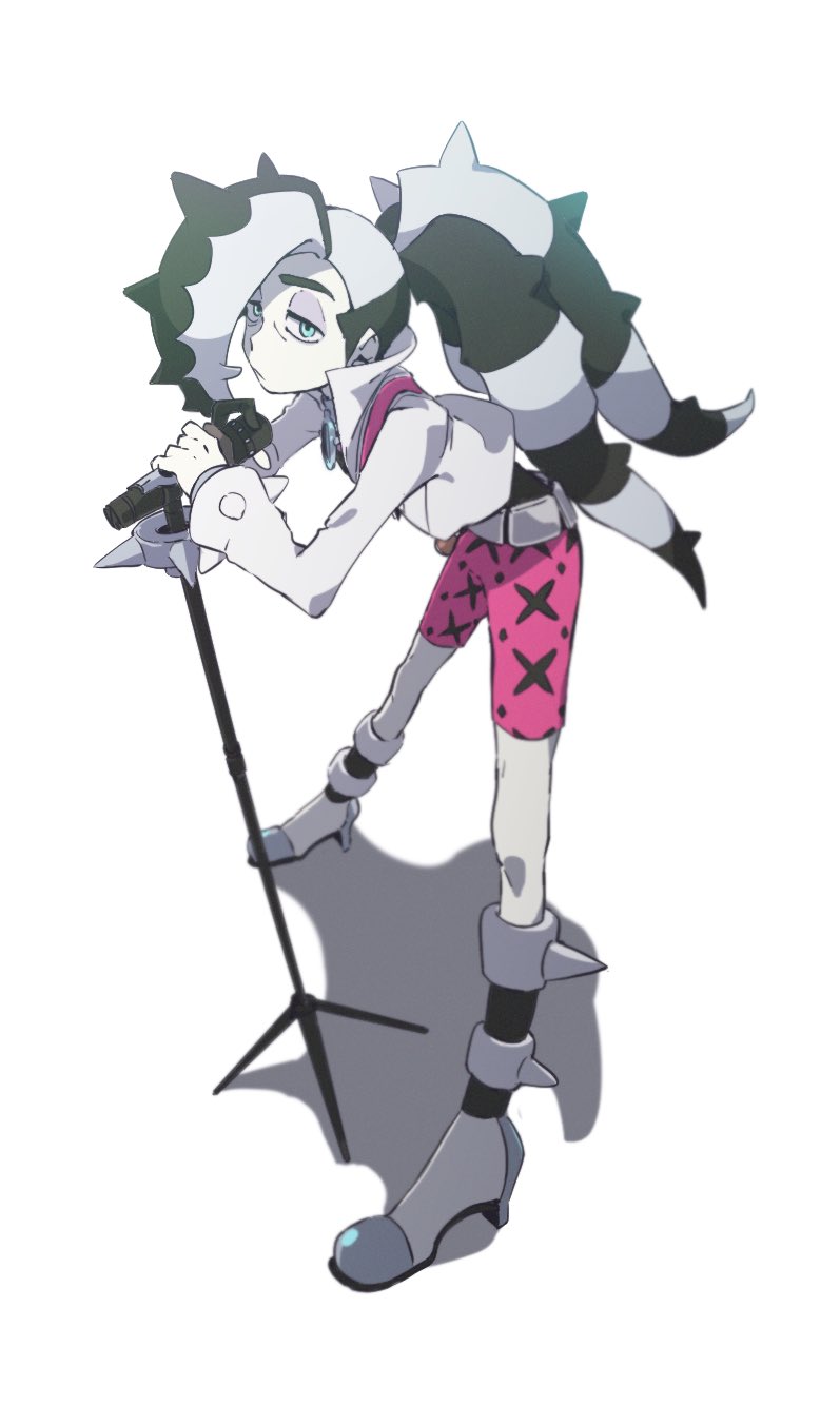 1boy belt bike_shorts black_hair blue_eyes boots closed_mouth cropped_jacket eyeshadow full_body grey_eyeshadow grey_footwear high_collar highres holding holding_microphone jacket knee_boots leaning_forward legs_apart long_hair looking_at_viewer makeup male_focus marutei2 microphone microphone_stand multicolored_hair pale_skin piers_(pokemon) pink_shorts pokemon pokemon_(game) pokemon_swsh shorts solo standing two-tone_hair undercut white_background white_hair white_jacket