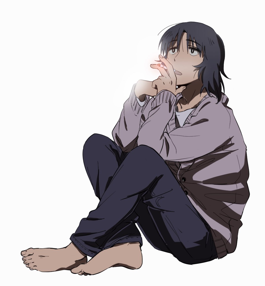 1boy barefoot black_eyes black_hair black_pants cigarette full_body grey_sweater hands_up holding holding_cigarette knees_up long_sleeves looking_up male_focus marutei2 mr._koiwai open_mouth pants shirt short_hair simple_background sitting smoking solo sweater white_background white_shirt yotsubato!