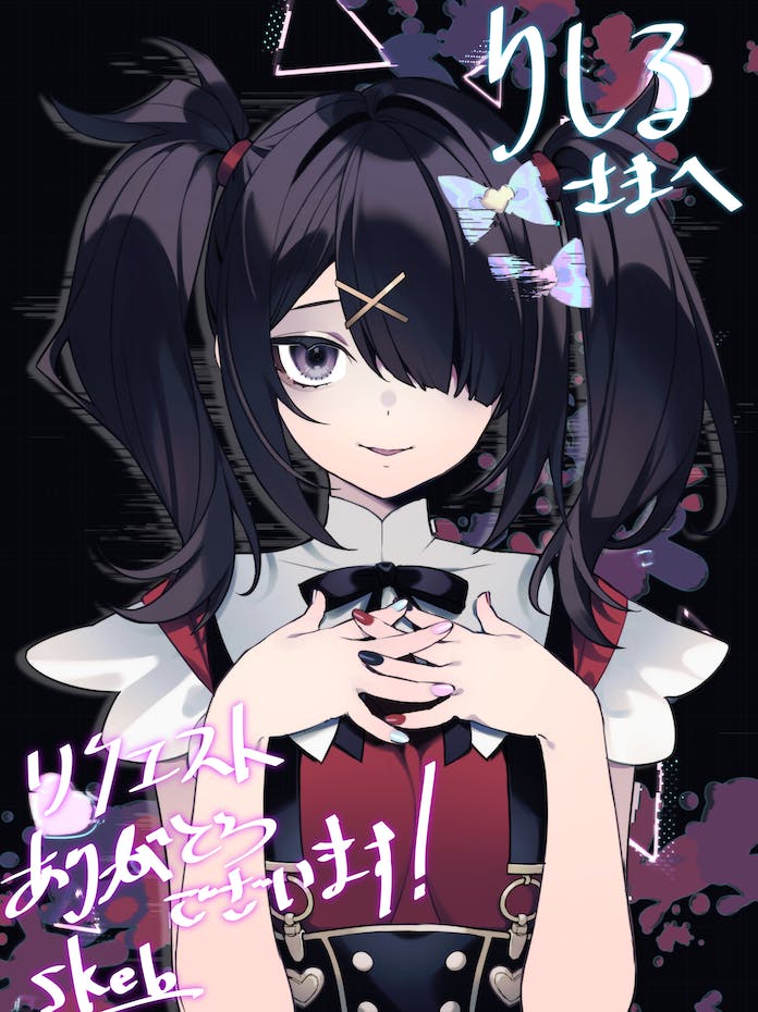 1girl ame-chan_(needy_girl_overdose) black_eyes black_hair black_nails black_ribbon black_skirt blue_bow blue_nails bow chouzetsusaikawa_tenshi-chan collar collared_shirt commentary_request commission glitch hair_bow hair_ornament hair_over_one_eye hair_tie hands_up long_hair looking_at_viewer multicolored_nails nail_polish neck_ribbon needy_girl_overdose open_mouth own_hands_together pink_bow pink_nails red_nails red_shirt ribbon shirt shirt_tucked_in skeb_commission skirt smile solo suspender_skirt suspenders twintails upper_body white_collar x_hair_ornament yamanasi_mikage