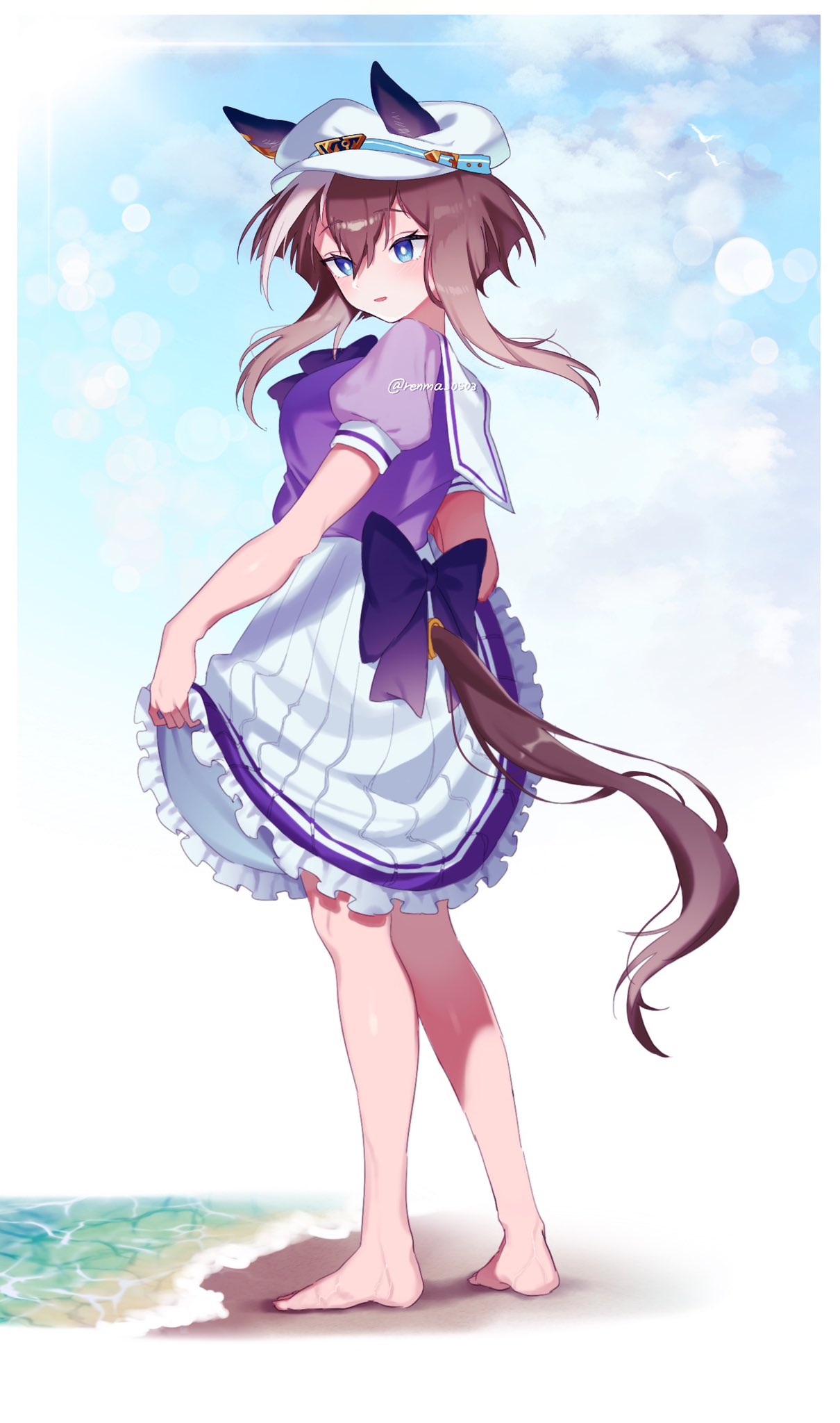 1girl animal_ears barefoot blue_eyes blush breasts bright_pupils brown_hair cheval_grand_(umamusume) clouds day full_body hair_between_eyes hat hat_belt highres horse_ears horse_girl horse_tail long_hair looking_down multicolored_hair open_mouth outdoors purple_shirt renma_(renma_0503) sailor_collar sand school_uniform shirt short_sleeves skirt skirt_hold small_breasts solo standing streaked_hair tail tail_through_clothes tracen_school_uniform twitter_username umamusume water watermark white_headwear white_pupils white_skirt