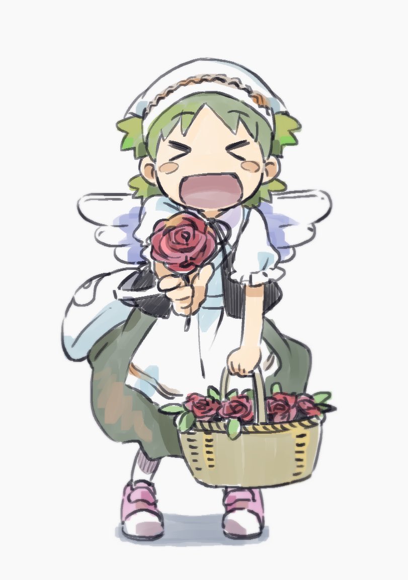 &gt;_&lt; 1girl :d alternate_costume apron basket black_dress blush closed_eyes dress facing_viewer flower full_body green_hair head_scarf holding holding_basket holding_flower incoming_gift koiwai_yotsuba marutei2 open_mouth quad_tails red_flower red_rose rose short_hair simple_background smile solo standing white_apron white_wings wings xd yotsubato!