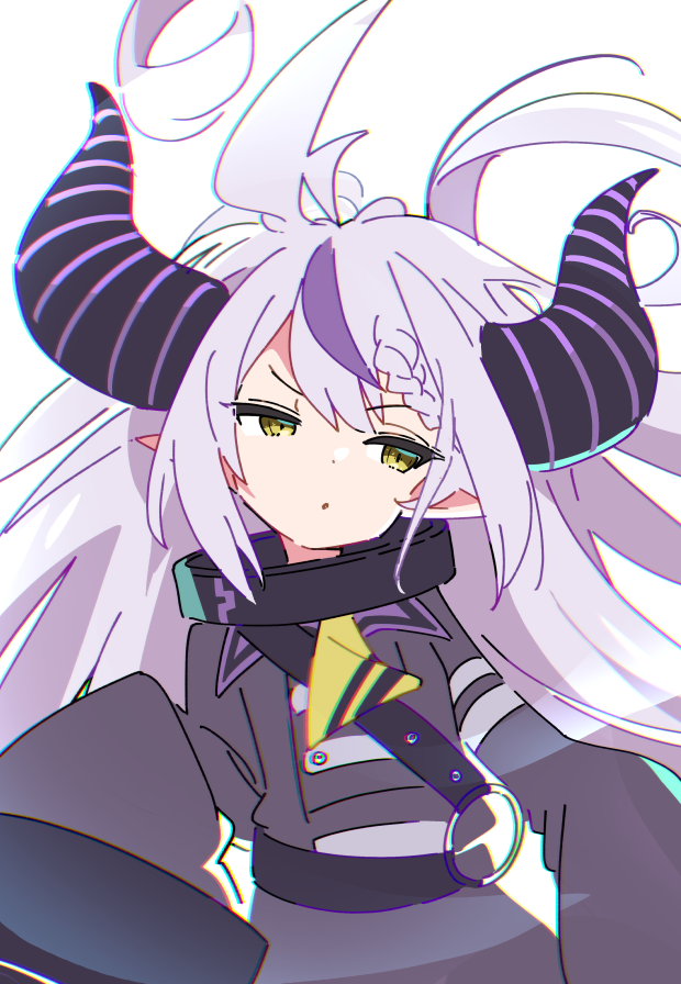 1girl ahoge ascot black_horns braid hololive horns ixy la+_darknesss la+_darknesss_(1st_costume) long_hair multicolored_hair purple_hair simple_background sleeves_past_wrists solo streaked_hair striped_horns virtual_youtuber white_background white_hair yellow_ascot yellow_eyes