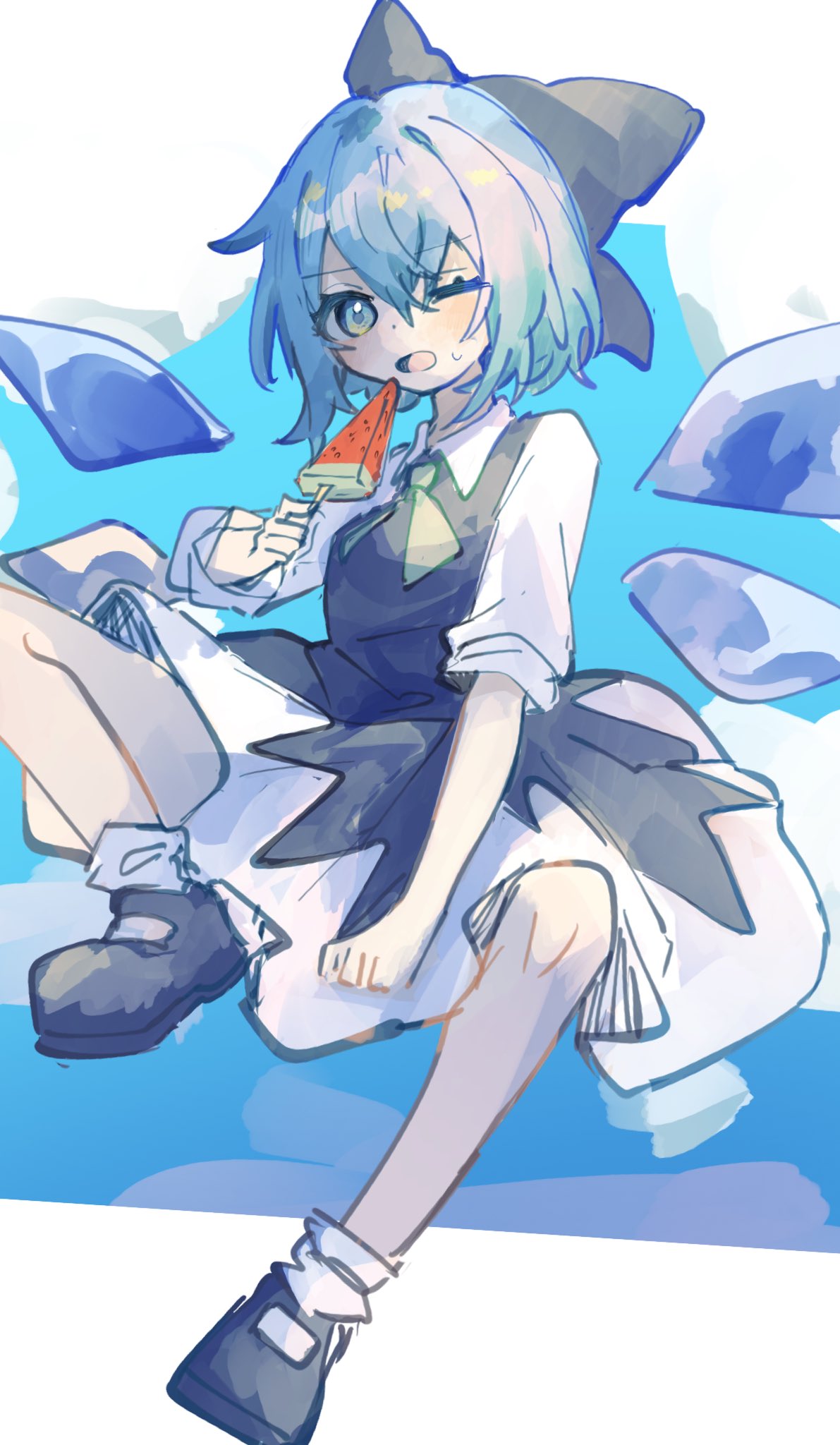 1girl black_footwear blue_dress blue_eyes blue_hair bow cirno detached_wings dress fairy food full_body green_bow hair_between_eyes hair_bow highres holding holding_food ice ice_wings one_eye_closed open_mouth popsicle sabatuki shoes short_hair short_sleeves socks solo touhou watermelon_bar white_socks wings
