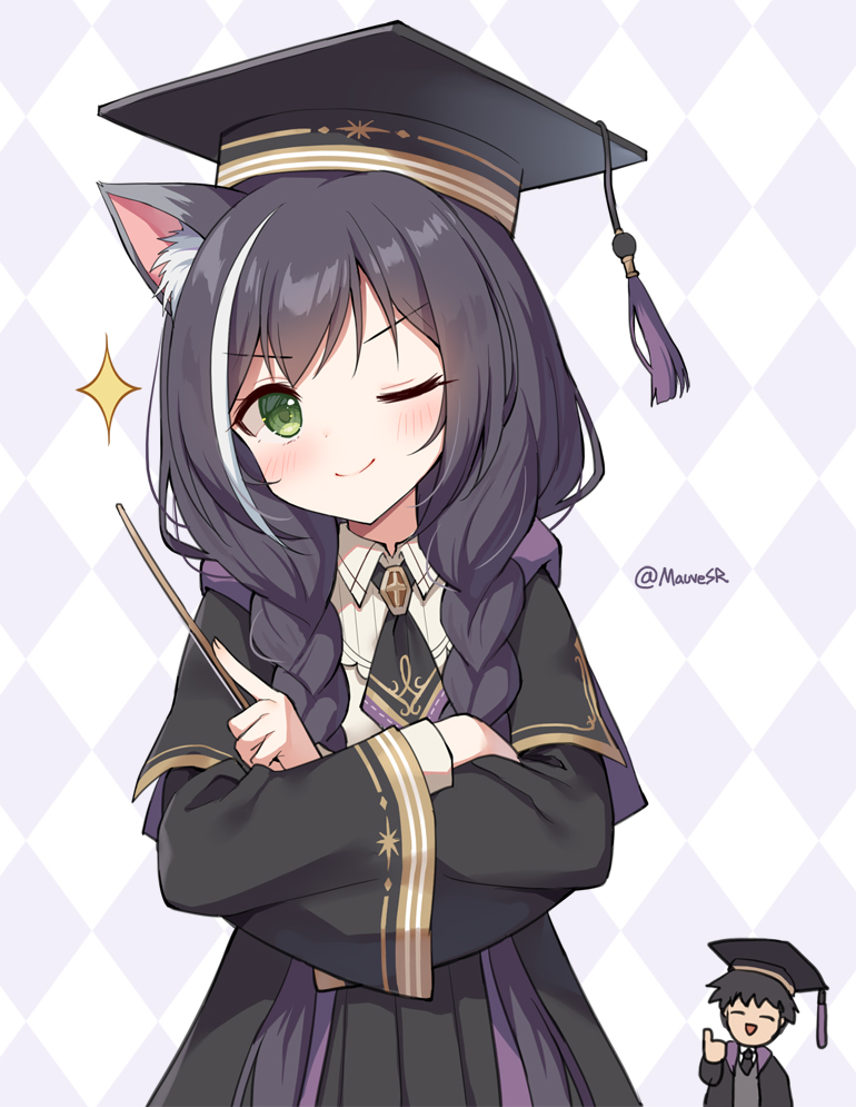 1boy 1girl ;) animal_ear_fluff animal_ears argyle argyle_background black_capelet black_hair black_headwear black_robe blush braid capelet cat_ears closed_mouth collared_shirt green_eyes hat holding holding_wand karyl_(princess_connect!) long_hair long_sleeves looking_at_viewer low_twintails mauve mortarboard multicolored_hair one_eye_closed open_clothes open_robe princess_connect! robe shirt smile smug sparkle streaked_hair thumbs_up tilted_headwear twin_braids twintails twitter_username v-shaped_eyebrows very_long_hair wand white_hair white_shirt wide_sleeves yuuki_(princess_connect!)