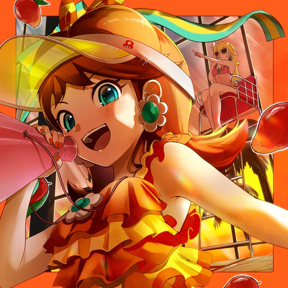 blonde_hair blowing_whistle blue_eyes blush brown_hair earrings eyelashes flower_brooch flower_earrings holding holding_megaphone jewelry lifeguard_tower looking_at_viewer mango megaphone open_mouth pearl_earrings pointing pointing_at_another ponfu_y princess_daisy princess_peach smile summer sunglasses super_mario_bros. super_mushroom swimsuit visor_cap whistle