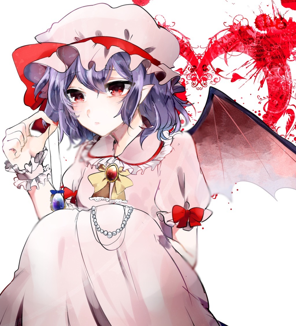 1girl bat_wings blue_hair blush bow bowtie closed_mouth collared_shirt commentary frilled_hat frilled_shirt_collar frilled_sleeves frilled_wrist_cuffs frills gem hand_on_lap hand_up hat hat_ribbon heart holding holding_jewelry holding_necklace jewelry light_frown long_skirt looking_at_hand mob_cap necklace paint_splatter pearl_necklace pendant pink_headwear pink_shirt pink_skirt pink_wrist_cuffs pointy_ears puffy_short_sleeves puffy_sleeves red_bow red_eyes red_gemstone red_ribbon remilia_scarlet ribbon shirt short_hair short_sleeves single_wrist_cuff sitting skirt skirt_set sleeve_bow suzune_hapinesu touhou white_background wings wrist_cuffs yellow_bow yellow_bowtie