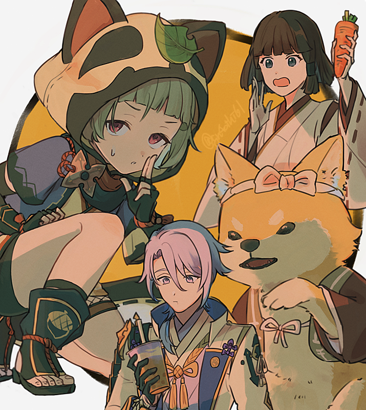 1boy 2girls animal_ears animal_hood arm_up armor artist_name black_eyes black_gloves black_shorts blue_hair blunt_bangs bow brown_hair bubble_tea carrot closed_mouth cup disposable_cup dog drinking_straw fake_animal_ears fingerless_gloves fishnets food genshin_impact gloves gn4othi61 grey_hair hair_between_eyes hand_up hime_cut holding holding_cup holding_food hood hood_up jacket japanese_armor japanese_clothes kamisato_ayato kano_nana kimono lapels leaf leaf_on_head long_sleeves looking_at_viewer miko multiple_girls on_one_knee open_clothes open_jacket open_mouth parted_bangs parted_lips raccoon_ears ribbon-trimmed_sleeves ribbon_trim rope sayu_(genshin_impact) shiba_inu short_hair short_shorts shorts shoulder_armor shuriken sidelocks simple_background sode sweatdrop swept_bangs taroumaru_(genshin_impact) tassel toes twitter_username v-shaped_eyebrows violet_eyes weapon white_background white_bow white_jacket white_kimono wide_sleeves yellow_background