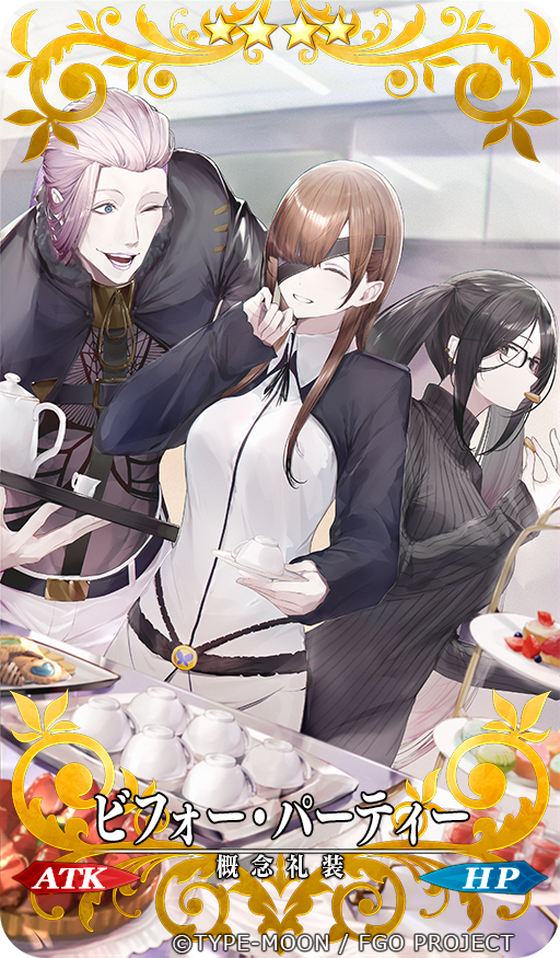 1boy 2girls akuta_hinako belt black-framed_eyewear black_belt black_eyes black_hair black_jacket black_ribbon black_sweater blue_eyes brown_hair collared_shirt company_name cookie copyright counter craft_essence_(fate) cropped_jacket cup ear_piercing eyepatch fate/grand_order fate_(series) food food_in_mouth fruit fur-trimmed_collar glasses hair_over_one_eye hand_up holding holding_food holding_saucer holding_tray jacket kitchen kurogiri lipstick long_hair long_sleeves looking_at_another looking_to_the_side makeup multiple_girls official_art one_eye_closed open_mouth ophelia_phamrsolone pants piercing pink_hair pink_lips pitcher_(container) ribbed_sweater ribbon saucer scandinavia_peperoncino see-through see-through_shirt shirt sleeves_past_wrists smile strawberry sweater teacup thumbprint_cookie tiered_tray tray turtleneck turtleneck_sweater twintails white_pants white_shirt