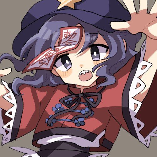 1girl blue_eyes blue_hair blue_headwear blush chinese_clothes furiba_794 grey_background hat hat_ornament jiangshi looking_at_viewer lowres miyako_yoshika ofuda one-hour_drawing_challenge open_mouth red_shirt sharp_teeth shirt short_hair short_sleeves simple_background solo star_(symbol) star_hat_ornament tangzhuang teeth touhou upper_body
