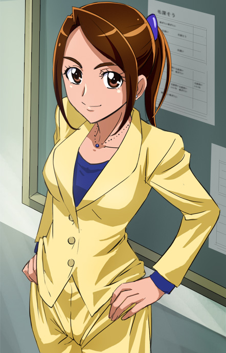 1girl breasts brown_eyes brown_hair closed_mouth collarbone haruyama_kazunori jewelry long_hair looking_at_viewer necklace ponytail precure sasaki_namie smile smile_precure! solo suit