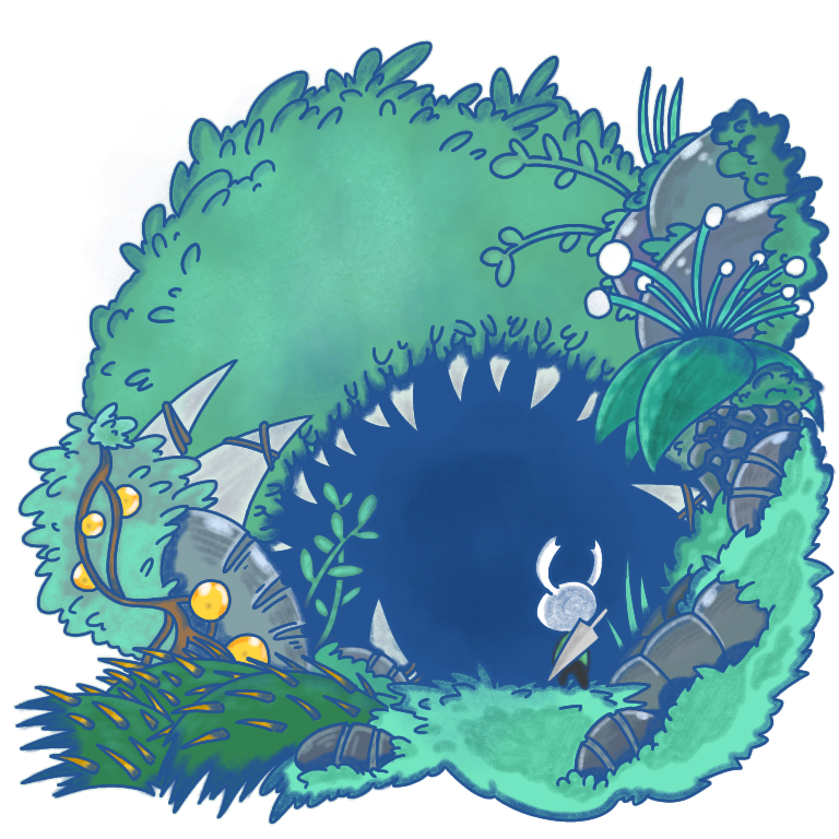 1other bush cave commentary facing_away from_behind full_body grass green_theme hollow_knight in-universe_location knight_(hollow_knight) nail_(hollow_knight) other_focus plant sakana_2-gou spikes standing thorns vines weapon weapon_on_back