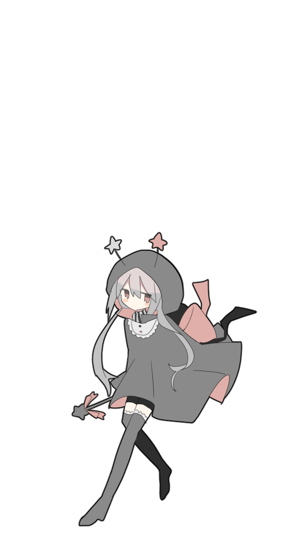 1girl black_shorts blush_stickers boots deimos_(usagi_nui) dress expressionless fake_antennae full_body grey_dress grey_footwear hair_between_eyes holding holding_wand hooded_dress original personification red_eyes short_hair_with_long_locks shorts simple_background solo star_(symbol) thigh_boots transparent_background usagi_nui wand