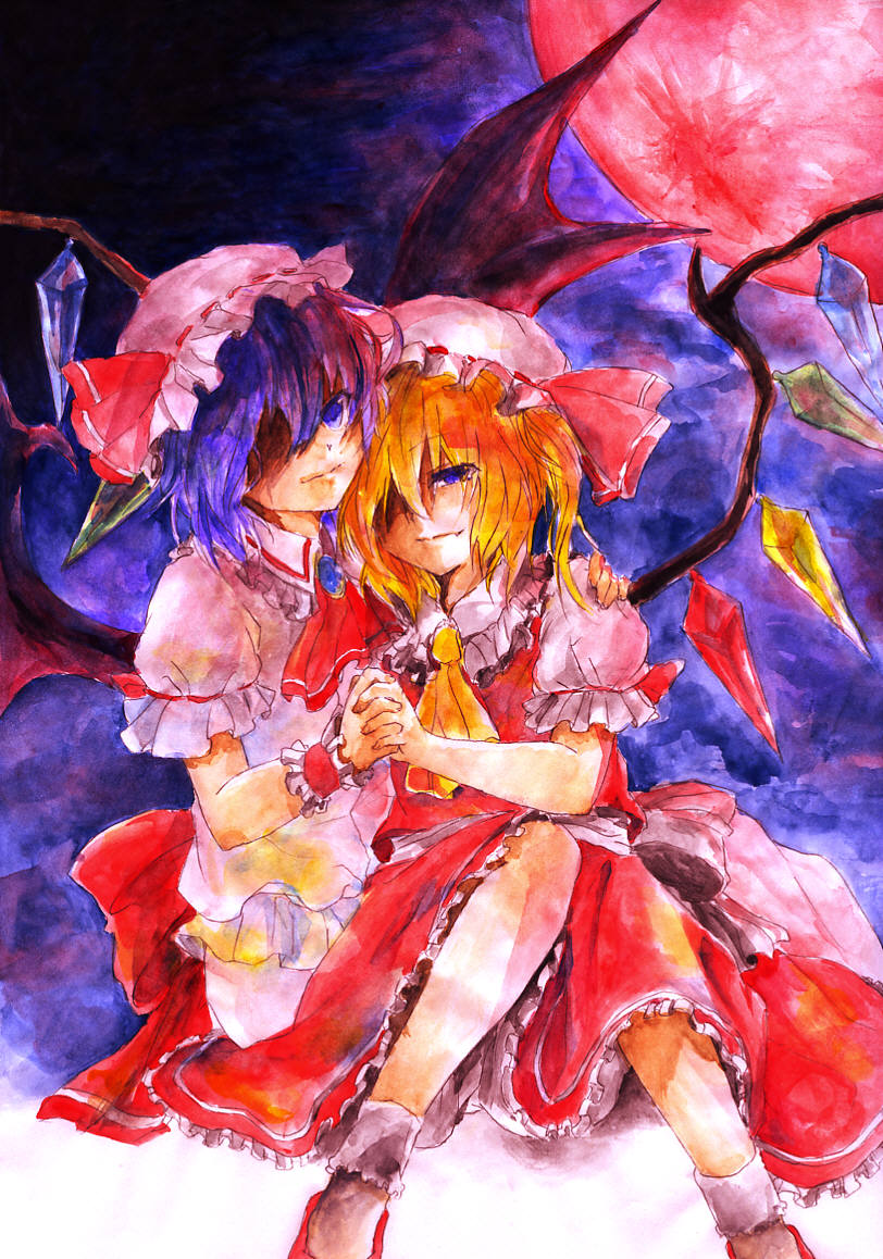 2girls ascot back_bow bat_wings blonde_hair bow closed_mouth collared_shirt crystal dark_background flandre_scarlet frilled_shirt_collar frilled_skirt frilled_sleeves frills full_body hair_between_eyes hand_on_another's_shoulder hat holding_hands interlocked_fingers large_bow looking_at_viewer medium_hair mob_cap moon multicolored_wings multiple_girls one_side_up outdoors pink_headwear pink_shirt pink_skirt puffy_short_sleeves puffy_sleeves purple_hair randoruto-kan red_bow red_footwear red_moon red_ribbon red_skirt red_vest remilia_scarlet ribbon ribbon-trimmed_headwear ribbon-trimmed_sleeves ribbon_trim shaded_face shirt short_sleeves siblings sisters skirt socks touhou traditional_media vest white_bow white_headwear white_socks wings wrist_cuffs yellow_ascot