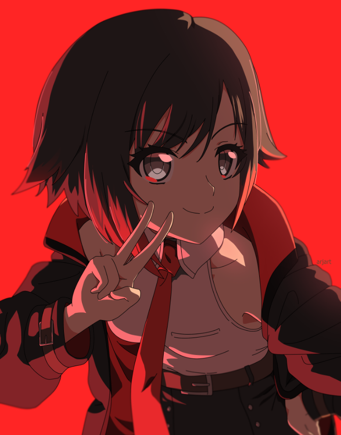1girl ar_jart artist_name belt black_hair closed_mouth gradient_hair grey_eyes hand_on_own_hip jacket leaning_forward looking_at_viewer multicolored_hair necktie open_clothes open_jacket red_background redhead ruby_rose rwby shaded_face shirt short_hair sleeveless sleeveless_shirt smile solo v