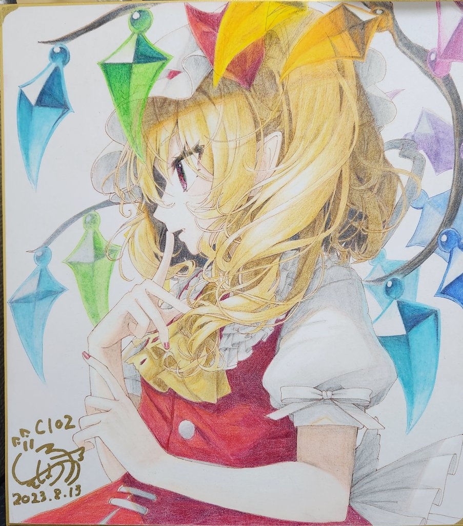 1girl ascot blonde_hair colored_pencil_(medium) commentary_request crystal dated fang fang_out finger_to_mouth flandre_scarlet frilled_shirt_collar frills gunjou_row hat hat_ribbon index_finger_raised looking_ahead mob_cap multicolored_wings nail_polish profile puffy_short_sleeves puffy_sleeves red_eyes red_nails red_ribbon red_vest ribbon shikishi short_sleeves signature simple_background sleeve_ribbon solo touhou traditional_media upper_body vest white_background white_ribbon wings