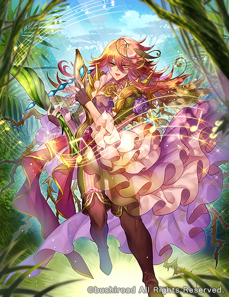 1boy :d androgynous antennae ascot boots brown_footwear brown_gloves bush cardfight!!_vanguard clouds copyright day fingerless_gloves flipped_hair flower flower_brooch flower_ornament frilled_shirt_collar frilled_sleeves frills full_body gloves green_eyes green_hair green_jacket green_pants hair_between_eyes holding holding_instrument instrument jacket light_particles long_bangs long_hair looking_at_viewer lyre male_focus multicolored_hair musical_note official_art pants purple_ascot purple_flower purple_rose red_sash redhead rinko_(mg54) rose sash shirt shoulder_spikes smile solo spikes staff_(music) standing standing_on_one_leg streaked_hair thigh_boots thorns too_many too_many_frills tree waist_cape white_shirt wide_sleeves yellow_flower yellow_rose